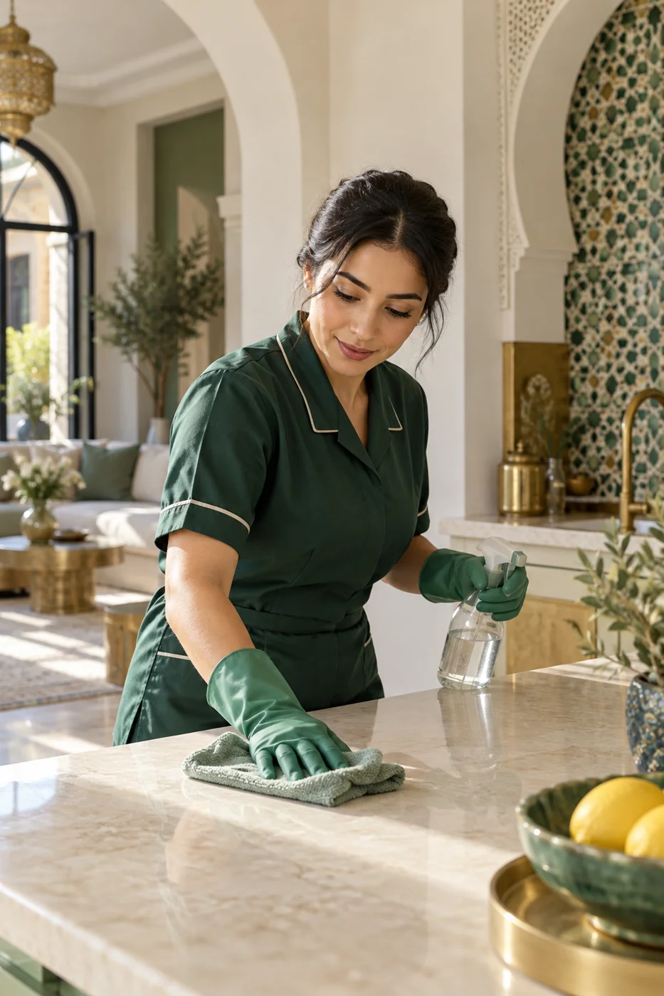 Illustration IA d’une professionnelle réalisant un ménage soigné dans un intérieur à l’inspiration marocaine